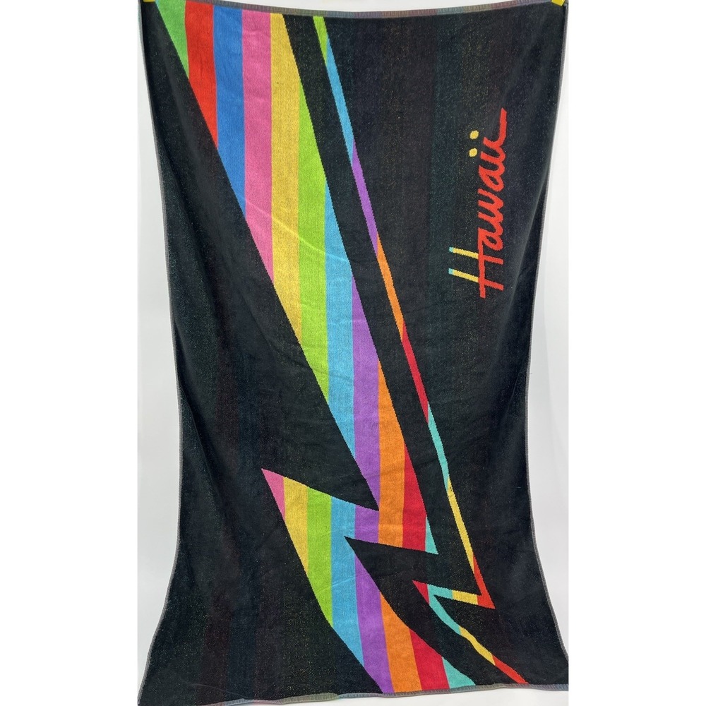 Vintage Hawaii Beach Towel by Maiden Black Multi Spell Out Cotton 56 x 33